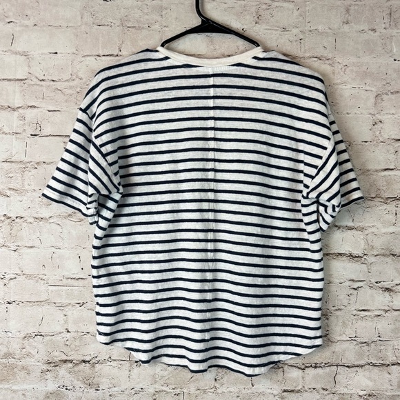 Faherty Womens Medium Linen V-Neck Tee Short Navy Blue White Stripe Short Sleeve - Picture 6 of 7